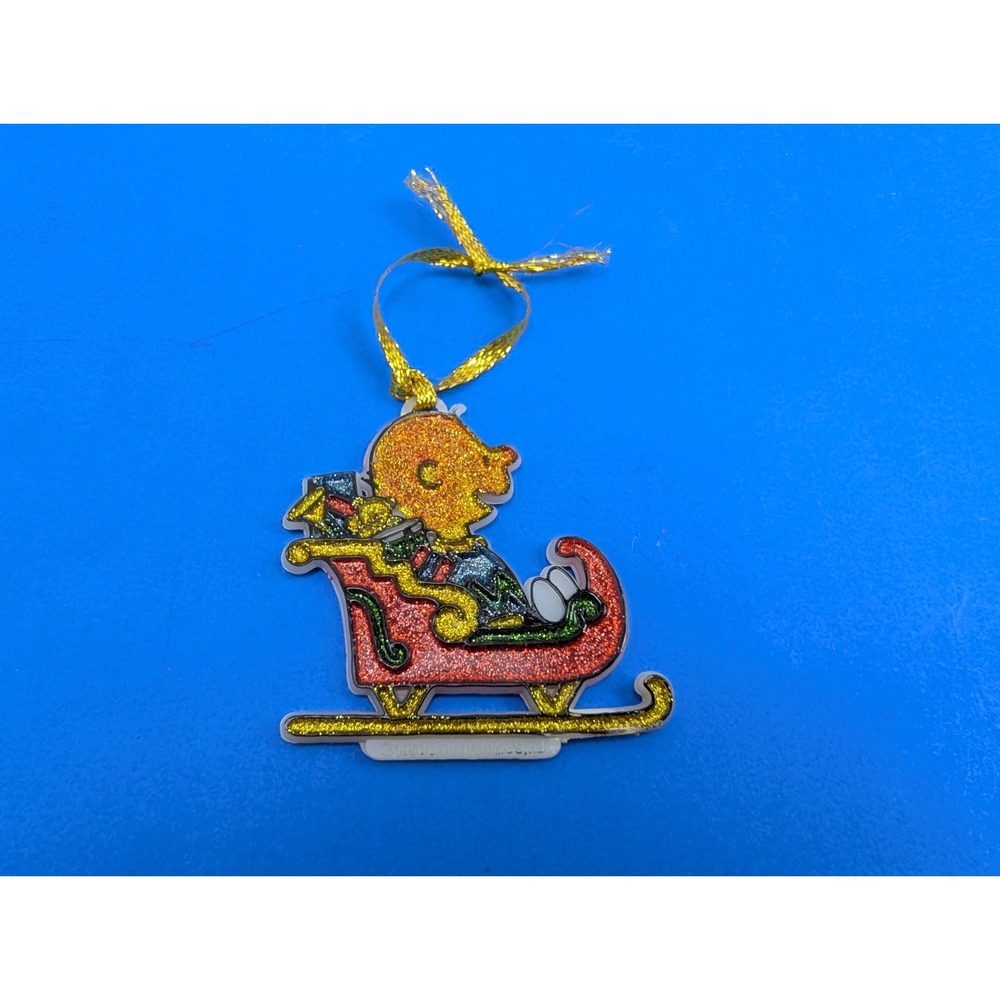 Vintage 70s Charlie Brown Painted Sleigh Ride Ornament Plastic Sparkle